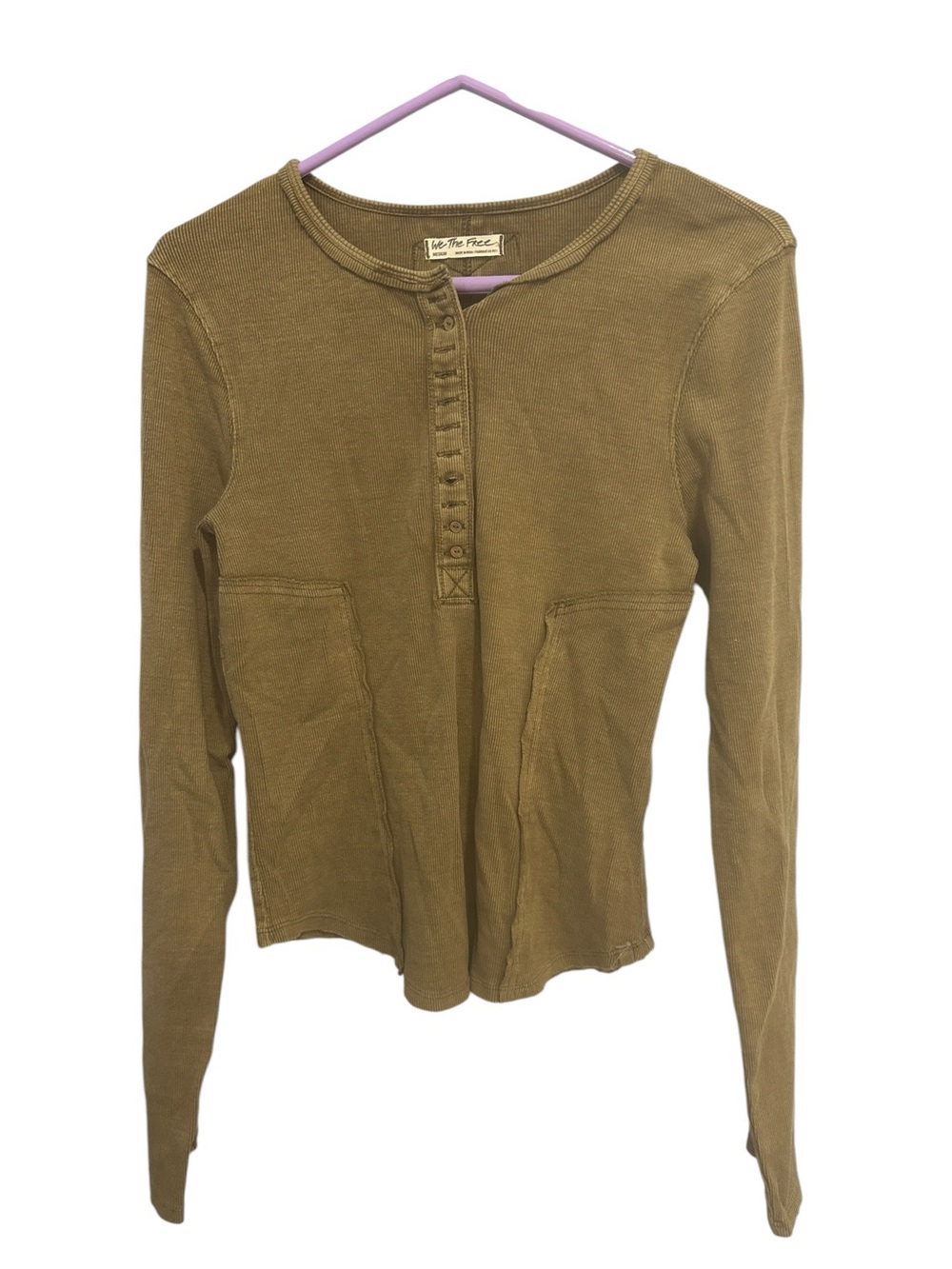 Free People Mareea Henley Top Womens M Olive Thermal Ribbed Boho heritage earthy - Picture 2 of 12